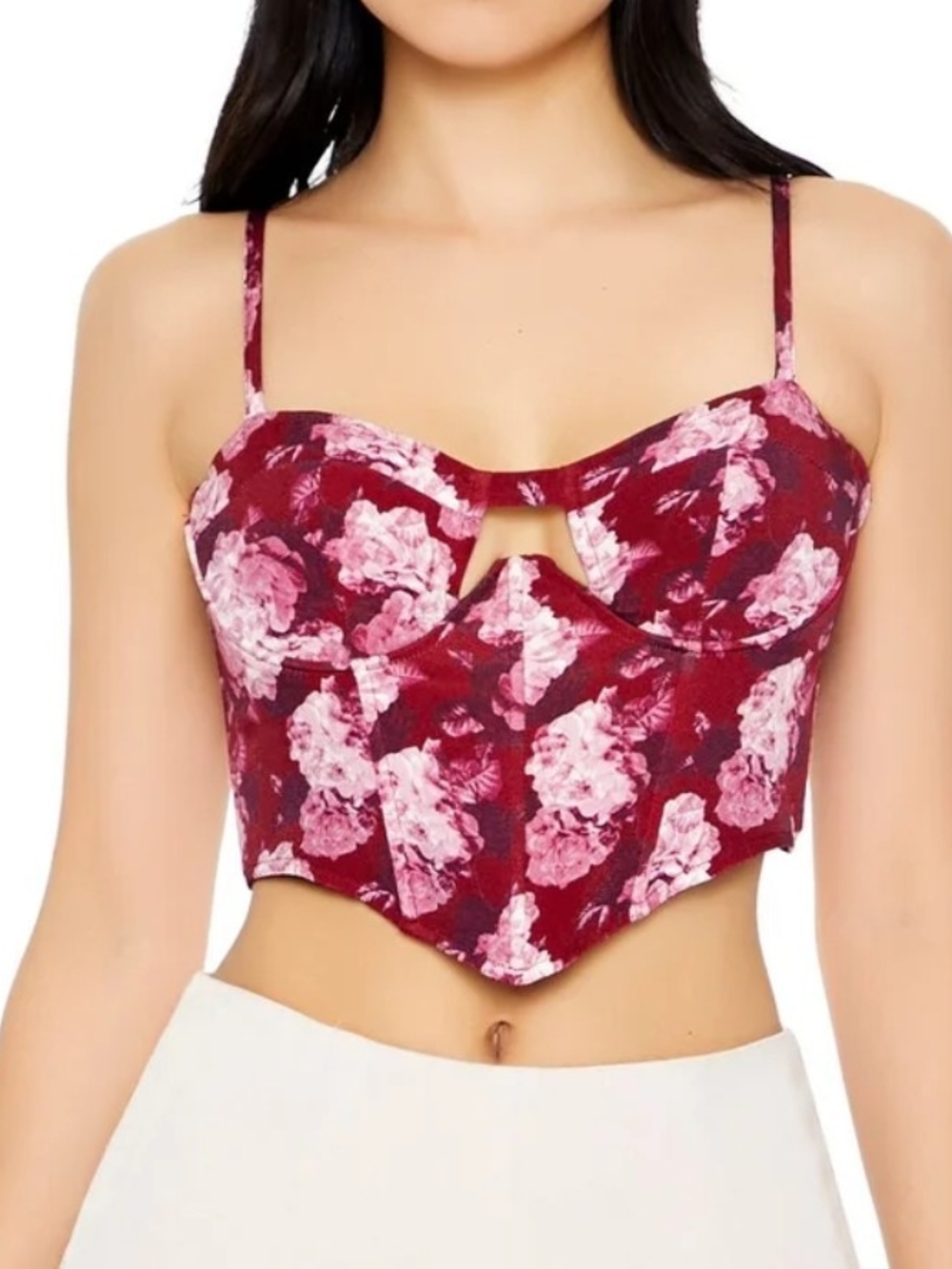 Forever 21 Floral Cutout Bustier Crop Top - Pink Burgundy